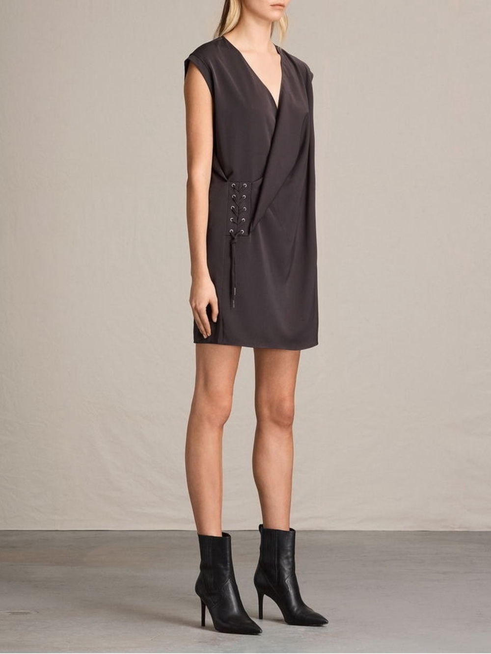 All Saints Audres Lace Up Front Mini Dress Dark Grey size 2